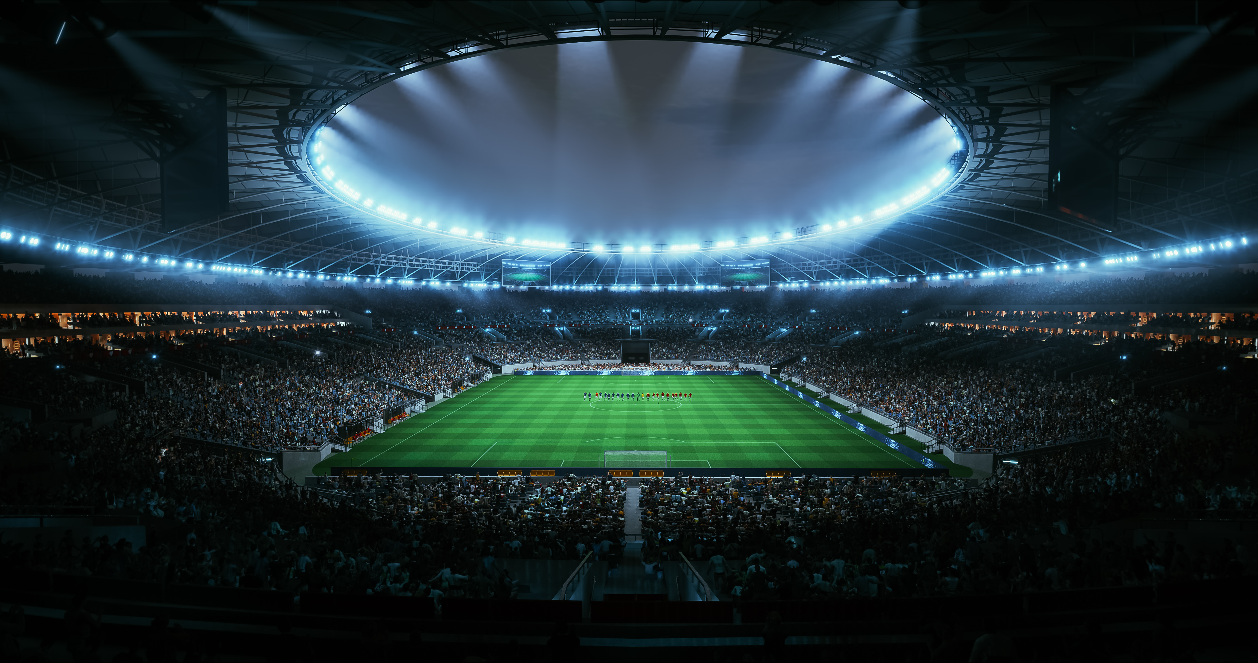 An aerial photo of a fan-filled soccer stadium. 