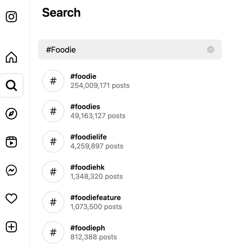 #Foodie typed into IG searchbar