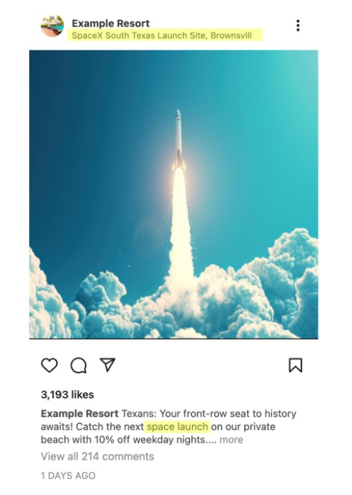 An Instagram photo of a space ship. The caption includes the trending "space launch" search query.