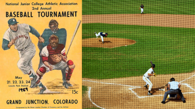 An old poster of the JUCO World Series in Colorado, along with a photo of collegiate baseball. 
