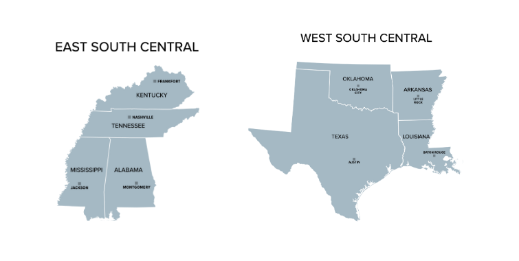 A diagram of the East South Central and West South Central regions of the U.S.