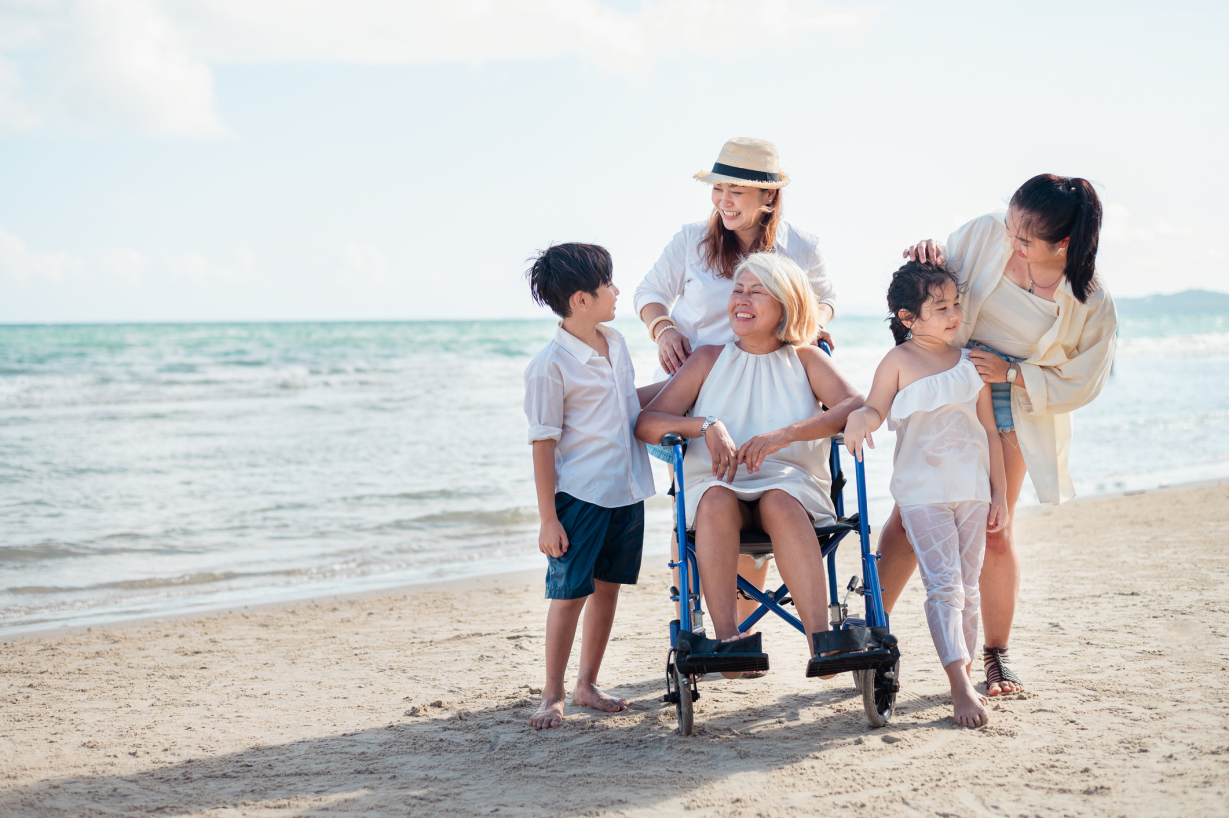 A photo of a family on the beach. 