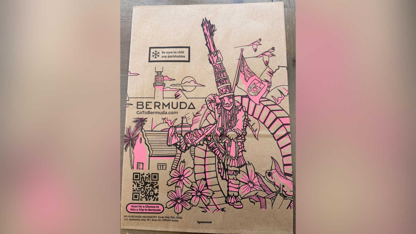 A Whole Foods bag with Bermuda branding plastered. 