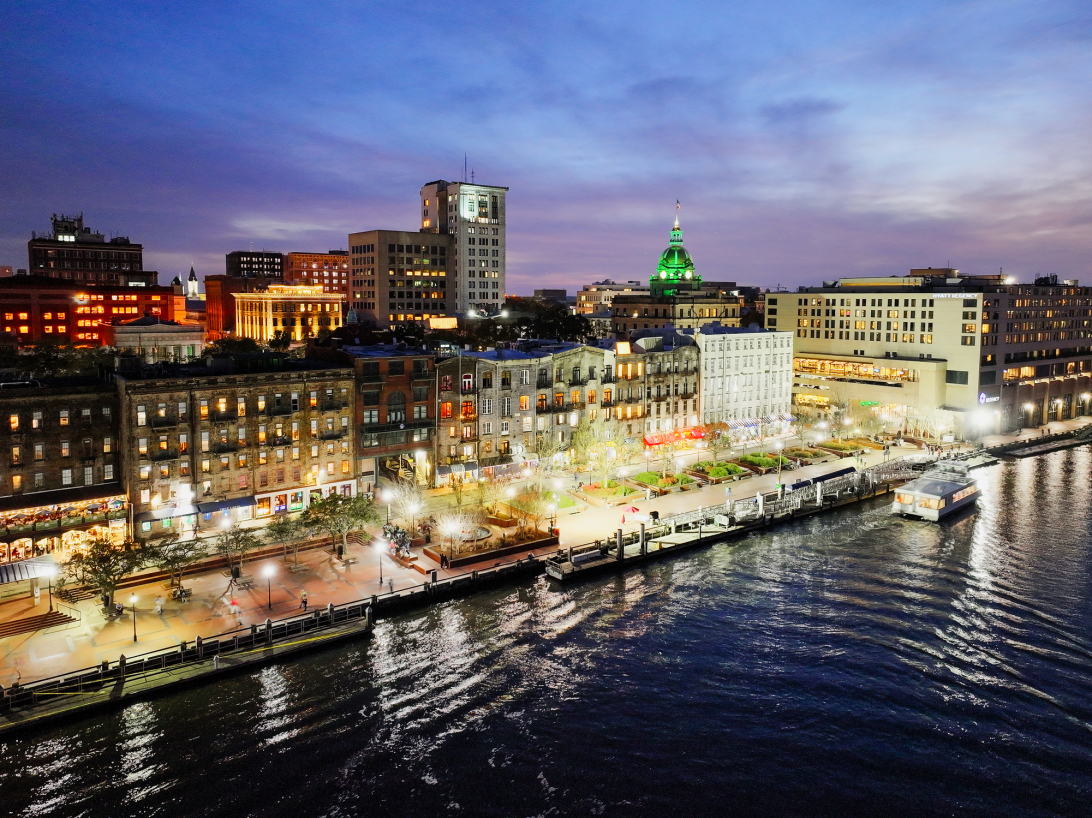 An aerial view of downtown Savannah. 