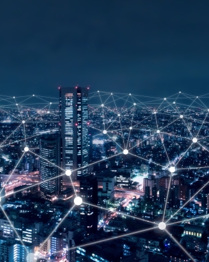 A photo of buildings with telecommunication signals. 