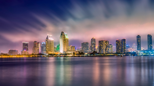 A photo of the San Diego skyline at night.