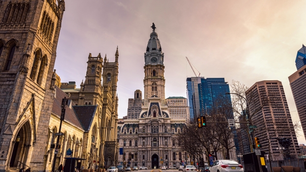 A low angle photo of Philadelphia's city hall. 
