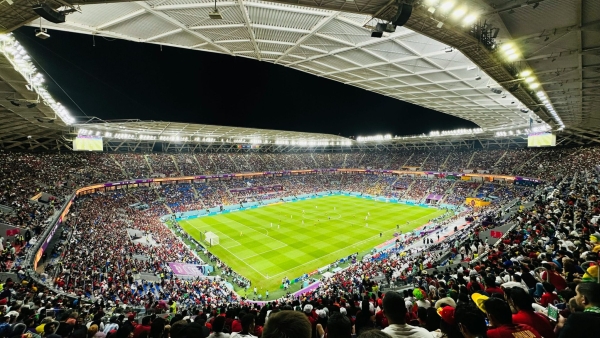 A wide shot of a soccer stadium.