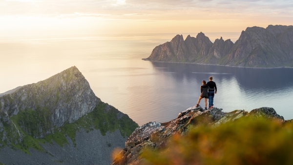A photo of people on a mountain looking at the ocean. 