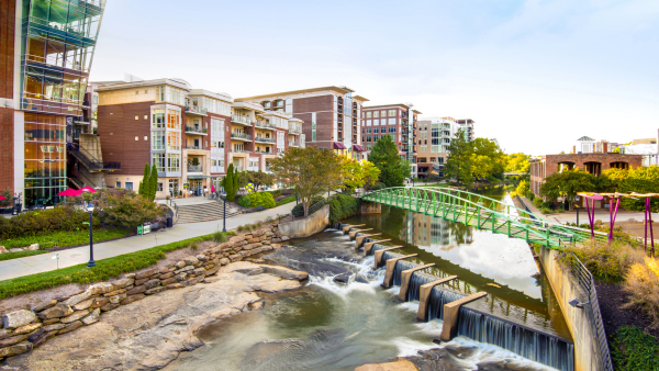 A footbridge over a river in downtown Greenville.