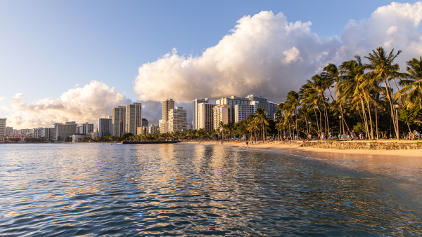 A beachside photo of Honolulu, mixed with buildings and trees. 