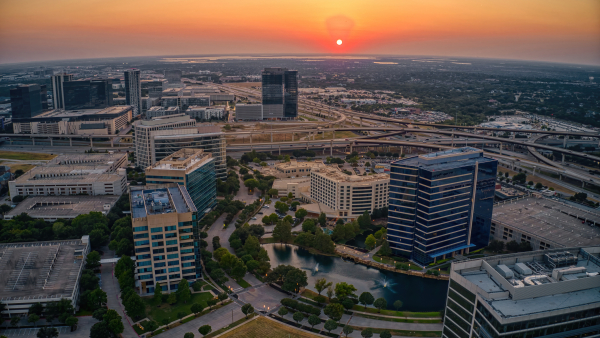 An aerial photo of downtown Plano, Texas.