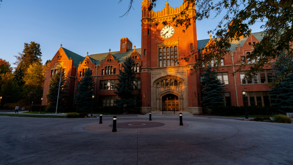 Golden hour view of a building at the University of Idaho
