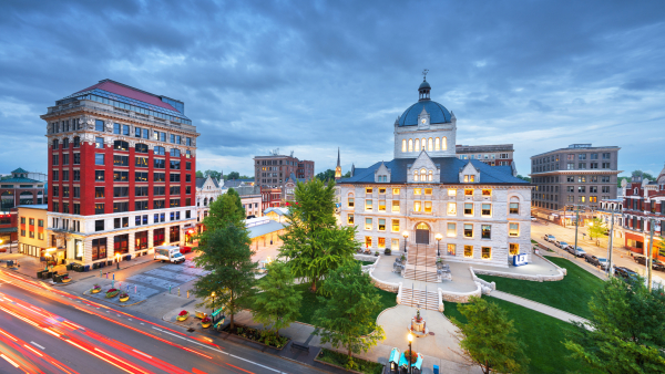 An aerial view of Main Street in Lexington, Kentucky,