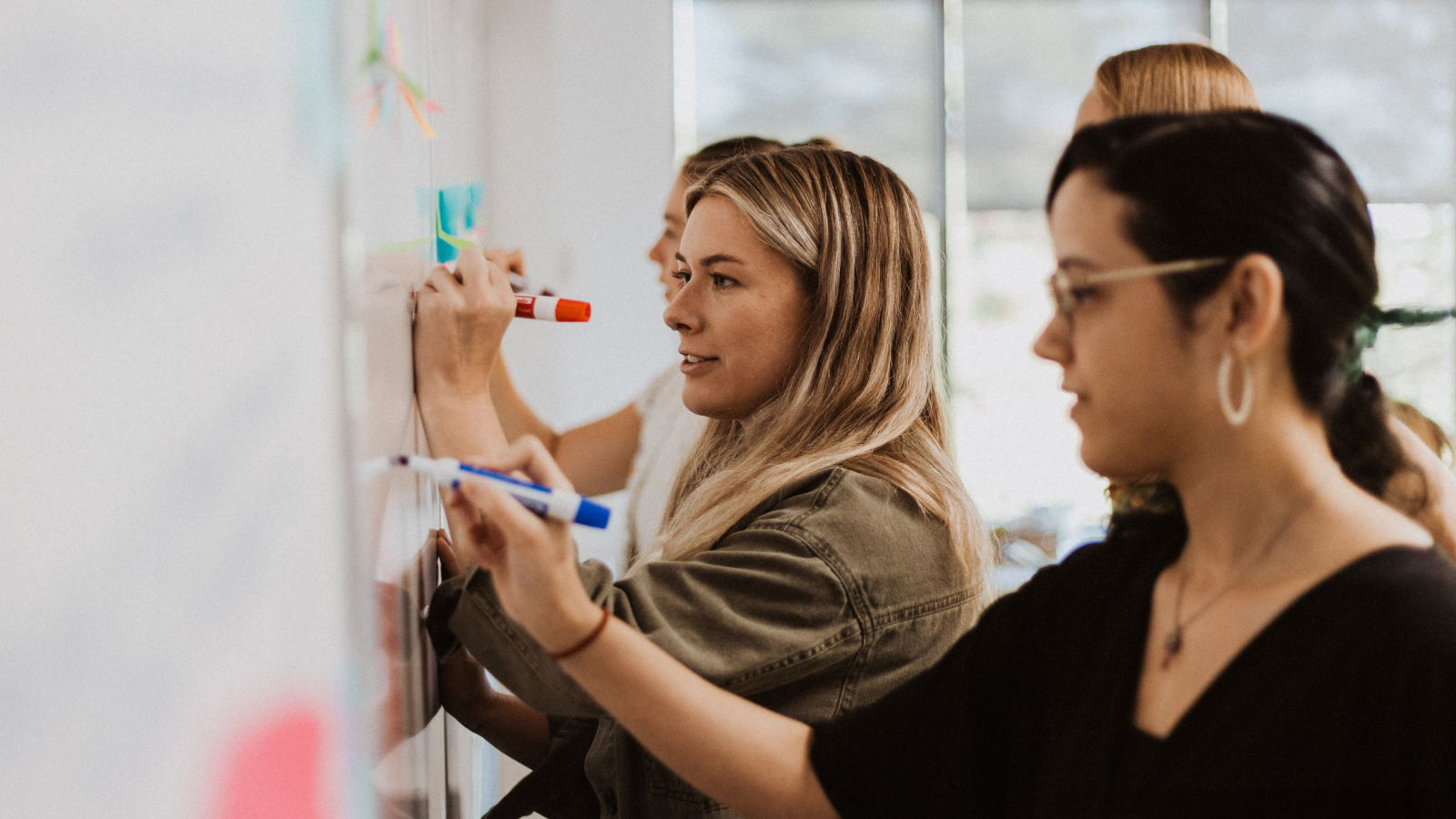 Miles team working at white board