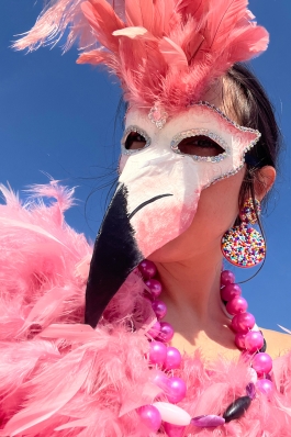 Amanda Pfeil wearing a feathered and sequined pink flamingo mask and costume