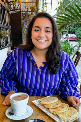 Isa Rubiano at a sidewalk cafe in Cali, Colombia
