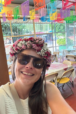 Nancy Wiles wears a flower crown from Xochimilco, Mexico City's floating gardens