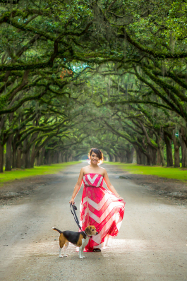 Jennifer Ha under the canopy of oaks at Wormsloe Historic District in Savannah, GA