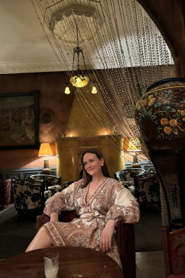 Fiona sitting in a restaurant in Morocco. 