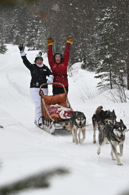 Kim being pulled by huskies in Quebec. 