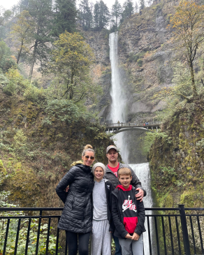 Debra Jones and family in front of Multanomah Falls, OR