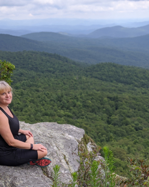 Kim Palmer looking out over the Blue Ridge Mountains