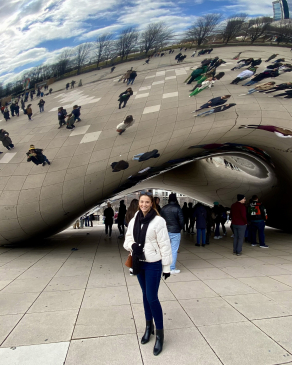 Lauren Fox in front of Cloud Gate in Chicago