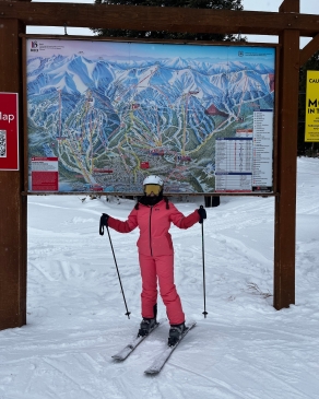 A photo of Victoria skiing. 